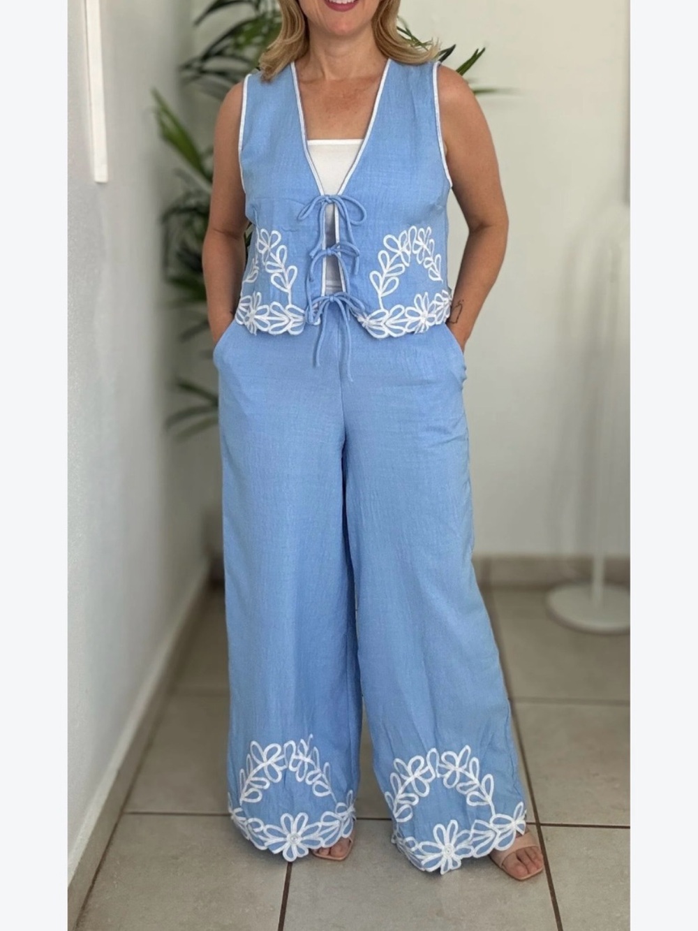Sleeveless Light Blue Embroidered Wide-Leg Jumpsuit